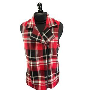 CHAPS Womens Plaid Vest Sleeveless Top Collared Full Zip Red Black White L/G